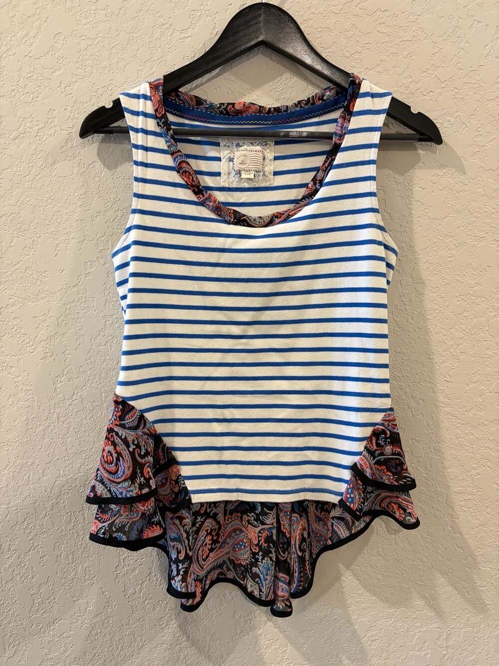 Anthropologie Postmark Blue and White Striped Paisley Peplum Tank Top